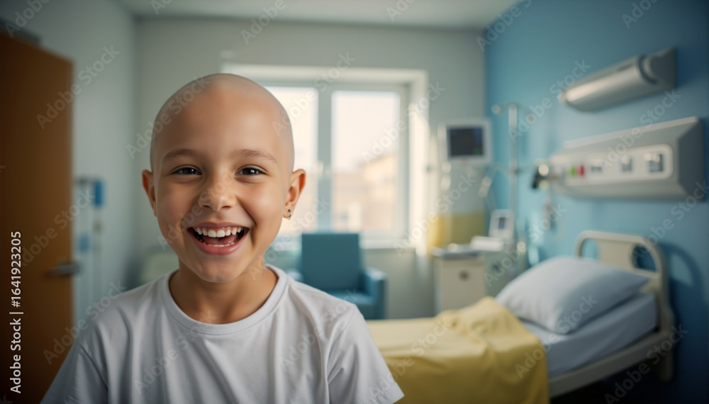Close up of laughing bald child patient in a hospital room. Close-up portrait of a happy boy during cancer treatment. Childhood cancer awareness Close up of laughing bald child patient in a hospital room. Close-up portrait of a happy boy during cancer treatment. Childhood cancer awareness