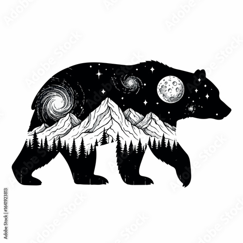 Double exposure bear silhouette with mountain and forest elements, ideal for wildlife and nature-inspired graphic designs