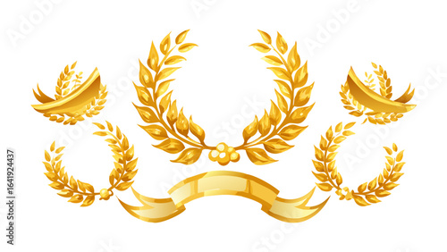 Golden laurel wreaths and a golden ribbon banner arranged on a white background in a decorative style