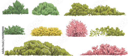 PRealistic green, yellow, and pink bush illustration set, natural garden plants collection, decorative foliage, landscaping elements, outdoor vegetation, nature clipart designrint