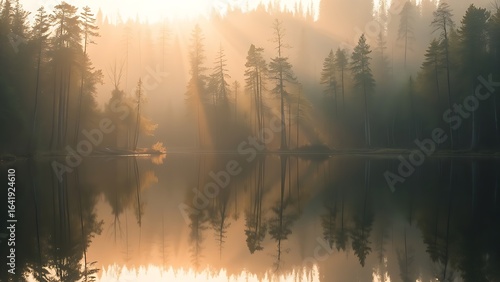 Peaceful forest landscape reflected in still water, capturing golden sunlight through trees.