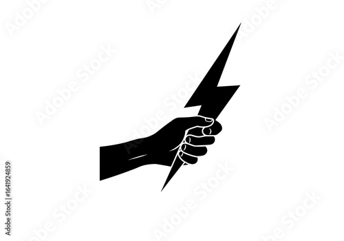 A black silhouette of a hand holding a lightning bolt against a white background in a minimalist style