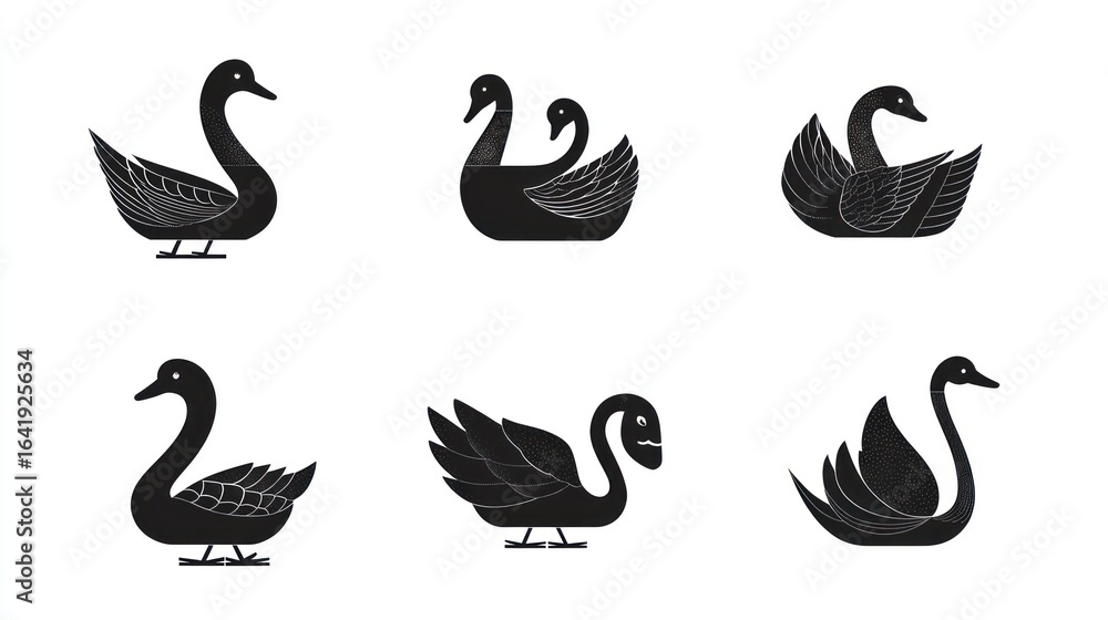 Six black swan icons; isolated, white background; graphic design element Six black swan icons; isolated, white background; graphic design element
