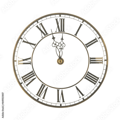 Antique brass clock face Roman numerals isolated on a transparent background
