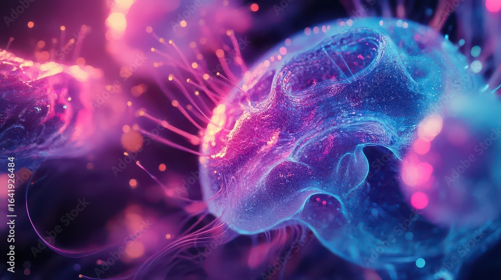 Fototapeta premium A close up of glowing abstract organic shapes in shades of blue and pink with wispy tendrils around it