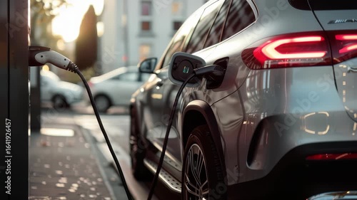 An eco-friendly, grey electric car is plugged into a charging station on a city street on a sunny day, symbolizing a transition to more sustainable transportation methods.