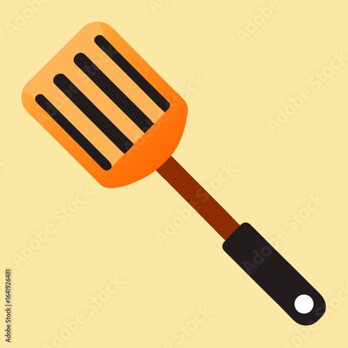Orange slotted spatula with black handle on a light yellow background