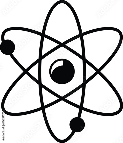 Stylized black silhouette of an atom with orbiting electrons isolated on white background