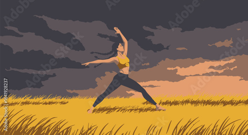 Vector illustration woman in yoga pose in outdoor golden field. Symbolizes health, balance, mindfulness. Ideal for wellness, active lifestyle, and natural serenity concepts.