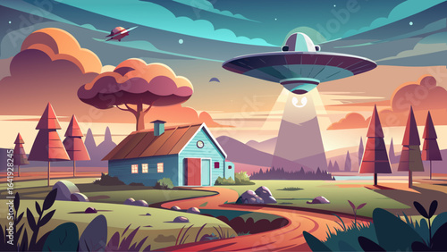 Vintage-style UFO hovering over abandoned farmhouse in foggy rural setting, casting an eerie glow across weathered walls, silent fields, and hauntingly still air under a muted, mysterious night sky.