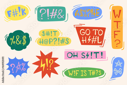 Colorful hand drawn stickers with angry swear words and symbols