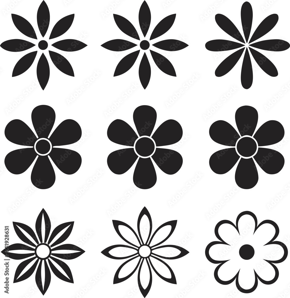 Fototapeta premium Nine Black and White Flower Icons with Varied Petal Designs graphic