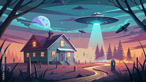 Vintage-style UFO hovering over abandoned farmhouse in foggy rural setting, casting an eerie glow across weathered walls, silent fields, and hauntingly still air under a muted, mysterious night sky.