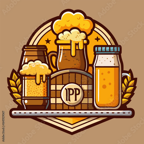 Cartoon beer glasses and barrel in vintage style on brown background