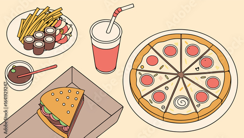 Delicious fast food meal illustration with pizza, burger, fries, sushi, and drink. Takeout and delivery concept.