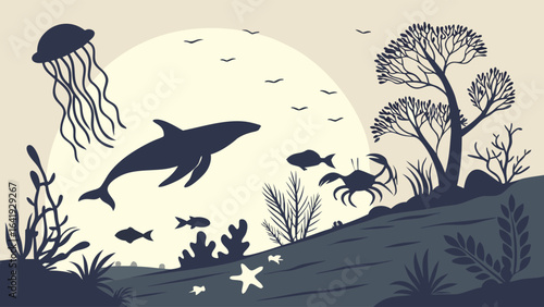 Ocean marine life animals silhouette vector illustration. Underwater nature landscape with whale, jellyfish, and fish.
