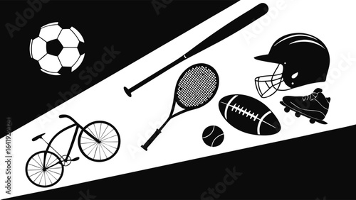 Sports equipment collection black and white silhouette vector. Various sport gear for active lifestyle, fitness, and games.