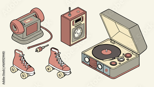 Vintage retro isometric 3D illustration of roller skates, old radio, record player, film projector. Entertainment.