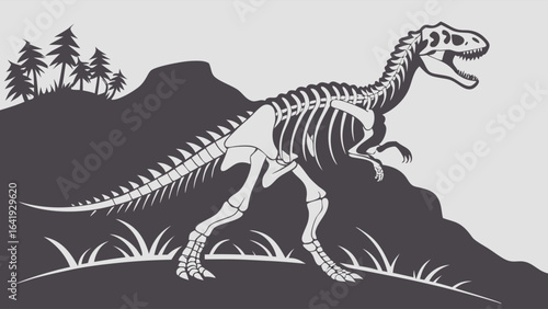 Dinosaur Skeleton T-Rex Fossil Illustration. Prehistoric Ancient History Science and Discovery Vector Graphic.