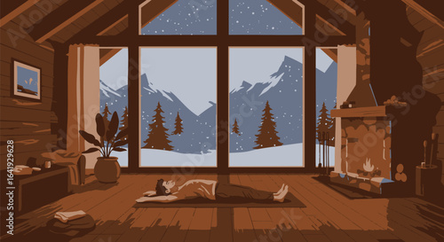 Winter Yoga Retreat Mountain Cabin Relaxation Illustration