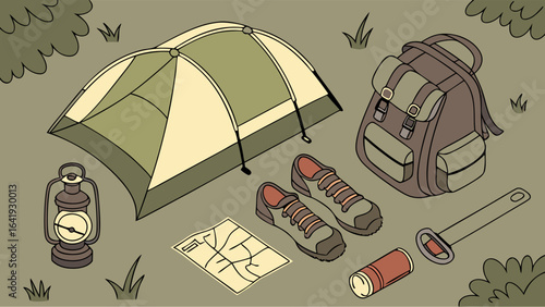 Outdoor camping and hiking equipment set. Adventure essentials including tent, backpack, shoes, map, and lantern.