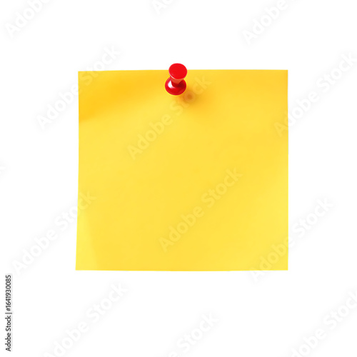 Yellow sticky note with red pushpin isolated on a transparent background post it