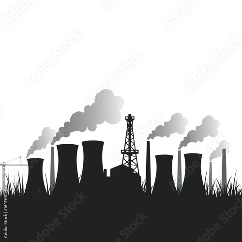 Industrial power plant with cooling towers and smoke