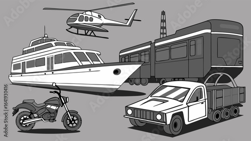 Various modes of transportation including car, truck, motorcycle, train, boat, and helicopter for travel and logistics