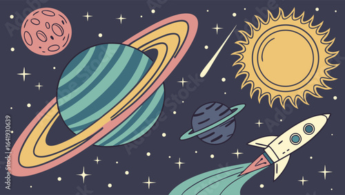 Vibrant space scene with planets, sun, stars, and rocket. Cartoon universe for kids' astronomy and cosmic exploration.