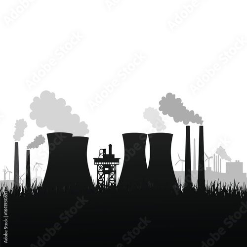 Industrial power plant with cooling towers and smokestacks
