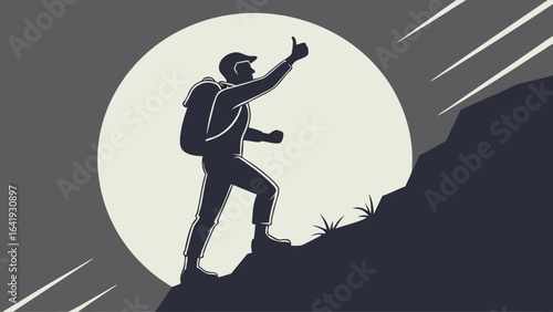 Man Hiker Silhouette Climbing Mountain with Thumbs Up. Concept of Success, Achievement, Overcoming Challenges, and Goals.