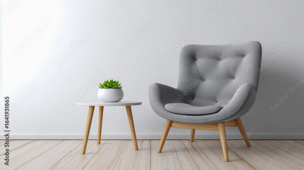 Fototapeta premium Modern Interior Design: Stylish Armchair and Side Table with Plant Against White Wall