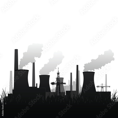 Industrial factory silhouette with smoke and grass