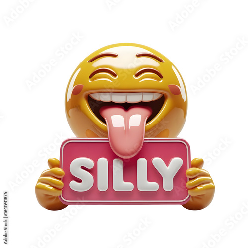 Tongue out emoji holding a board that says Silly high quality glossy 3D render clean edges PNG