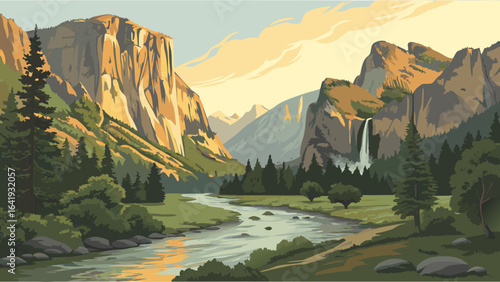 Scenic mountain valley landscape with flowing river, green forest, and majestic waterfall. Beautiful nature travel background.