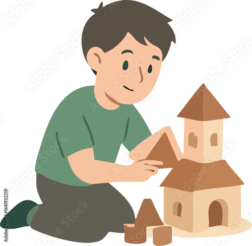 An illustration of a boy with short brown hair in a green shirt and dark pants building a castle out of wooden blocks while kneeling on the floor.