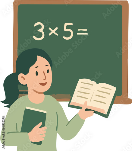 An illustration of a female teacher holding two books while standing in front of a chalkboard with the math equation "3 × 5 =" written on it.