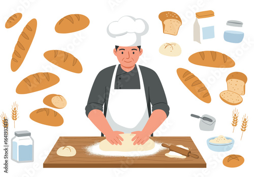 Baker Kneading Dough Surrounded by Bread and Baking Ingredients