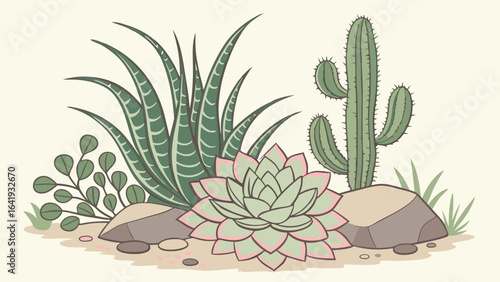 Green succulent plants, cactus, and aloe vera illustration. Botanical desert and houseplant collection for home garden decor.