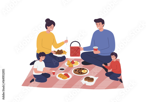 Family Picnic Illustration with Food and Basket on Blanket