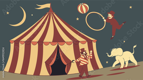 Retro circus show at night with a striped big top tent, ringmaster, acrobat, and elephant. Entertainment concept.