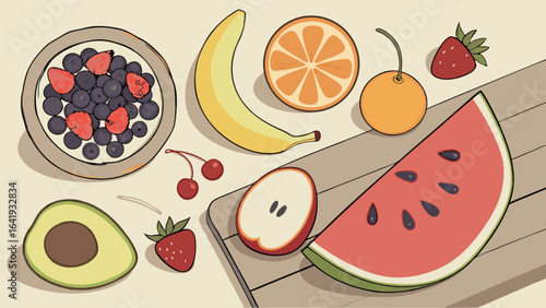 Fresh healthy fruits assortment for breakfast and snack. Natural organic produce with watermelon, banana, orange, berries, apple.