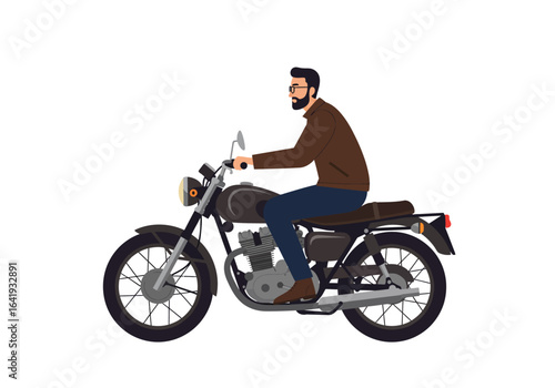 Man with Beard Riding a Classic Motorcycle