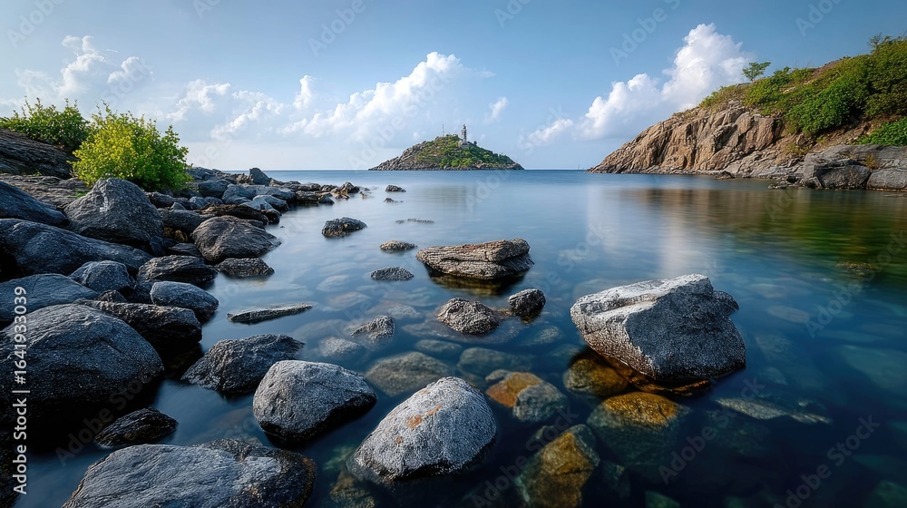 Obraz premium A long exposure showcases a lighthouse with calm waters and rocky textures under a cloudy sky, creating a tranquil atmosphere