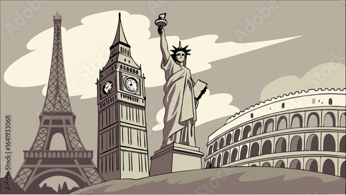 Famous World Landmarks Travel Illustration. Iconic Global Monuments Including Eiffel Tower Big Ben Statue of Liberty Colosseum.