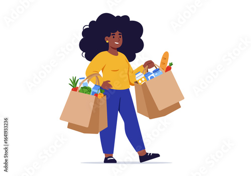 Woman Carrying Grocery Bags Filled with Food Items