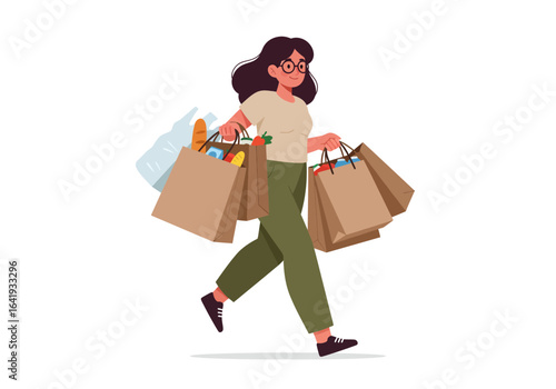 Woman Carrying Shopping Bags with Groceries and Goods