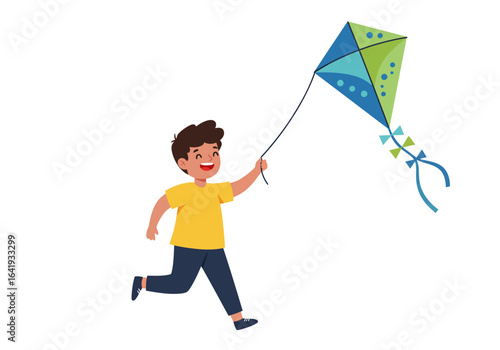 Boy Running with a Diamond Kite in the Sky