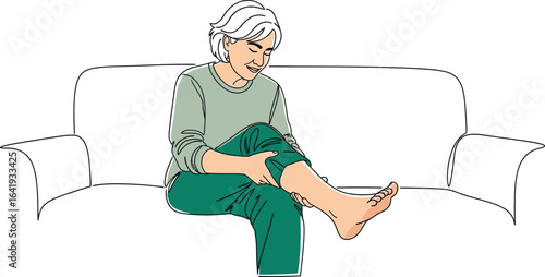 Woman leg pain relief massage therapy at home on the couch vector