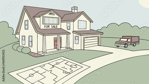 Buying or selling a home. Cartoon house with for sale sign, floor plan and moving truck. Real estate market.